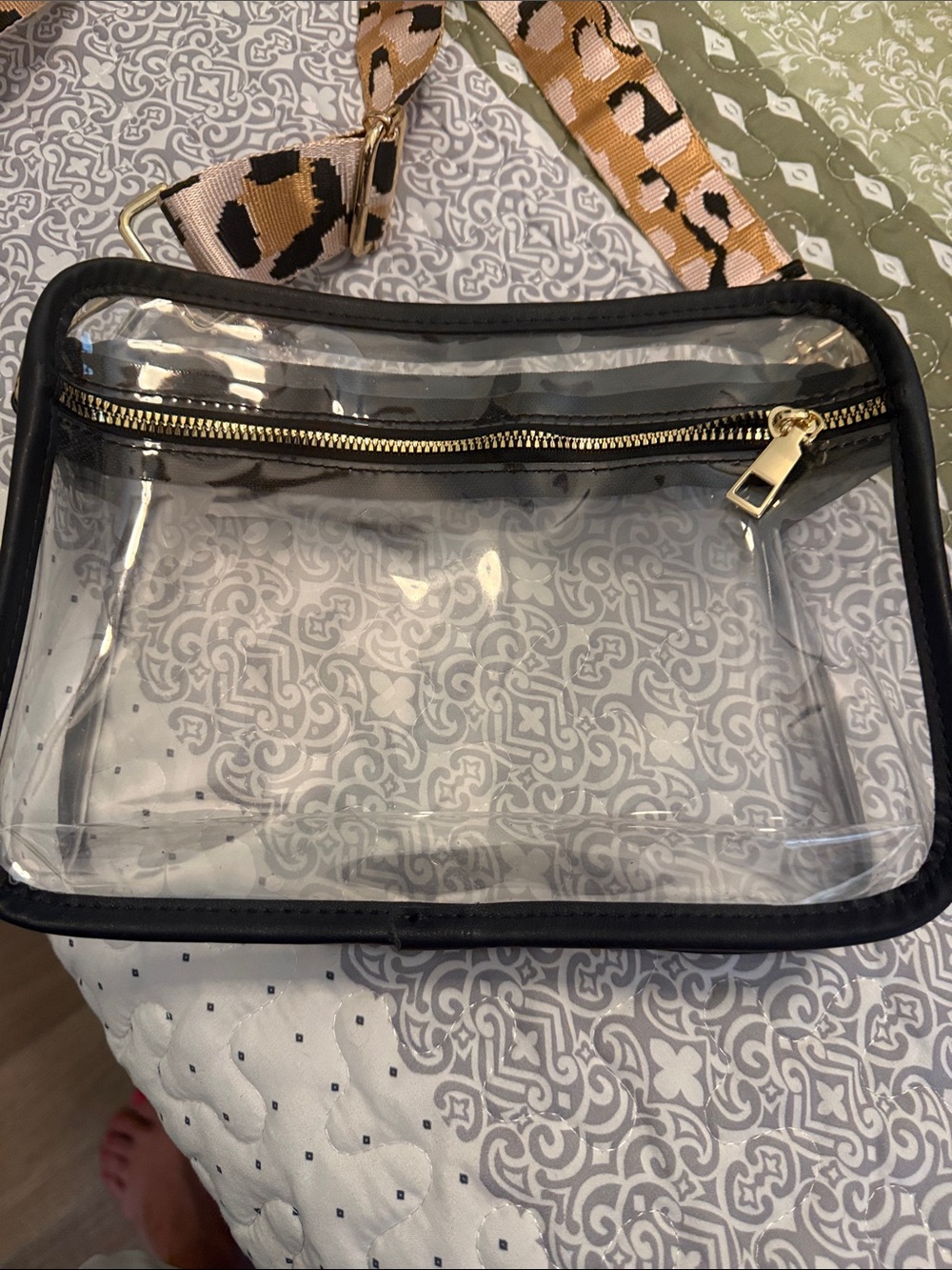 Clear Crossbody Bag with Leopard Print Strap - Black Trim - Picture 2 of 7
